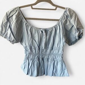 Celebrity Pink blue babydoll milkmaid top with ruffles and puff sleeves Size M